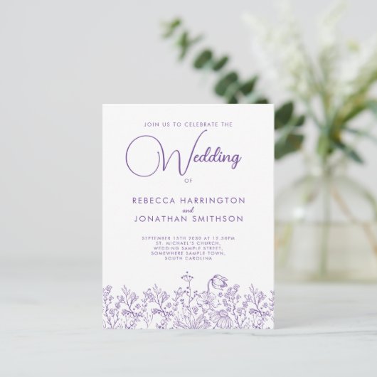 Wilde bloemen Floral Elegant Lila Wedding Uitnodiging Briefkaart (Staand voorkant)