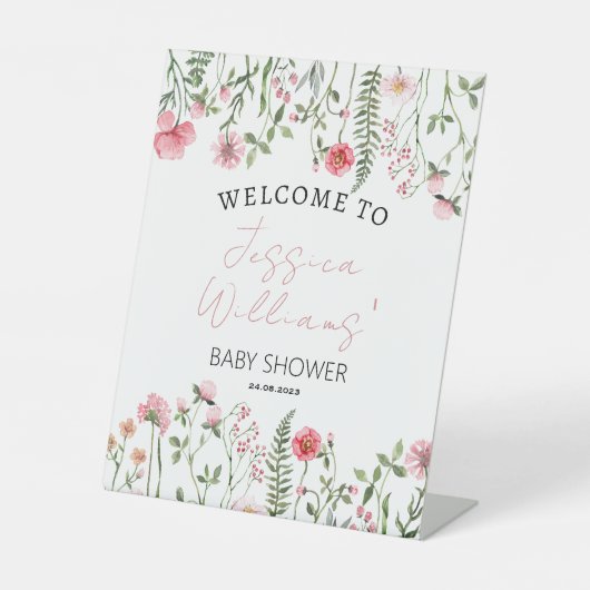 Wilde bloemen florele baby-meisje douche welkom-te reclamebord met voetstuk (Voorkant)
