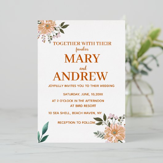 Wilde bloemen folie uitnodiging (Staand Voorkant)