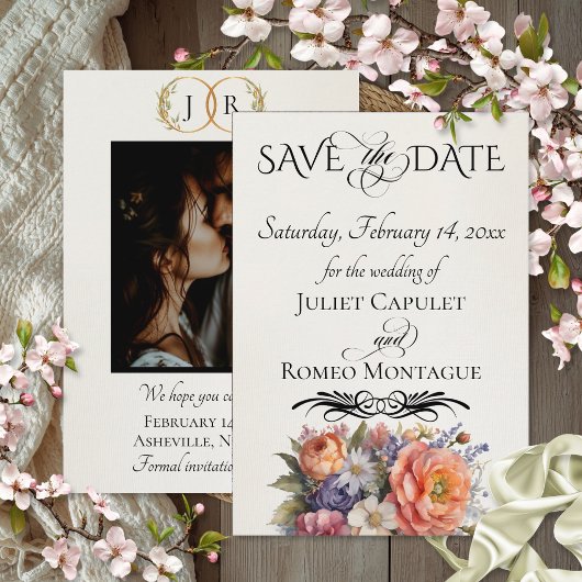 Wilde Bloemen, Foto & Blad Monogram - Crème Save The Date