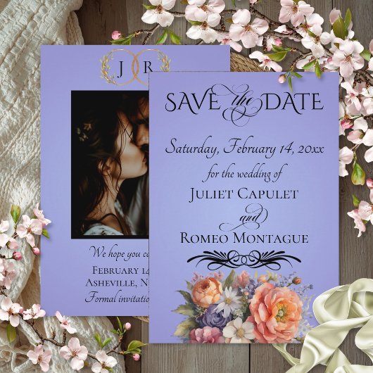 Wilde Bloemen, Foto & Blad Monogram - Hemelblauw Save The Date