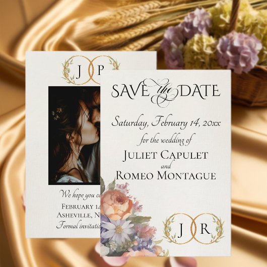 Wilde Bloemen, Foto & Blad Monogram - Ivoor Save The Date