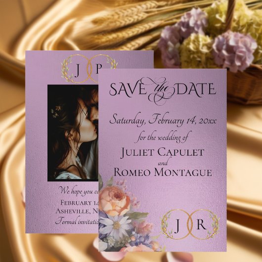 Wilde Bloemen, Foto & Blad Monogram - Lavendel Save The Date