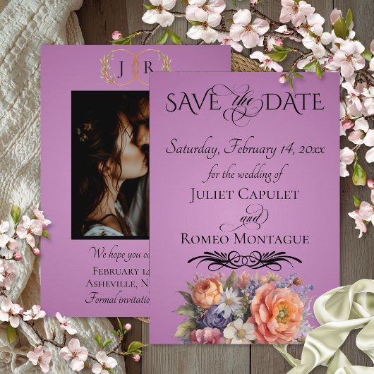Wilde Bloemen, Foto & Blad Monogram - Lavendel Save The Date