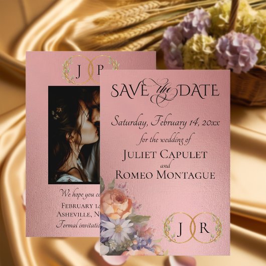 Wilde Bloemen, Foto & Blad Monogram - Roségoud Save The Date