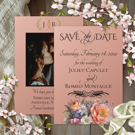 Wilde Bloemen, Foto & Blad Monogram - Roségoud Save The Date