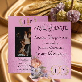 Wilde Bloemen, Foto & Blad Monogram - Roze Roos Save The Date
