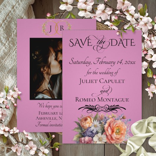 Wilde Bloemen, Foto & Blad Monogram - Roze Save The Date