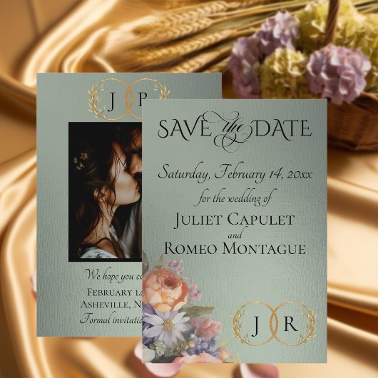 Wilde Bloemen, Foto & Blad Monogram - Salie Save The Date