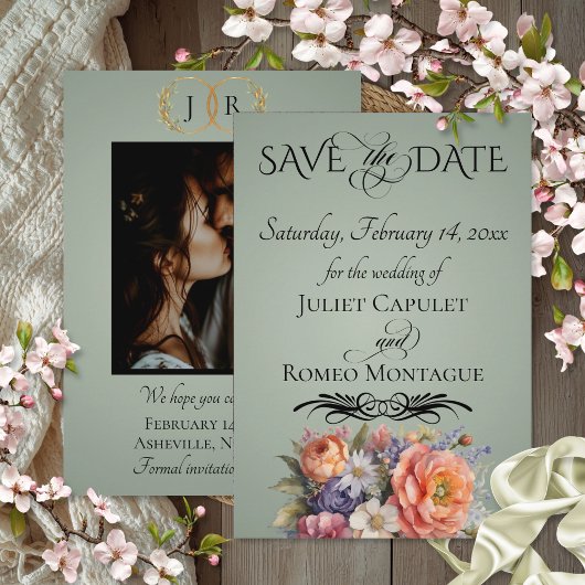 Wilde Bloemen, Foto & Blad Monogram - Salie Save The Date