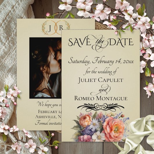 Wilde Bloemen, Foto & Blad Monogram - Tarwe Save The Date