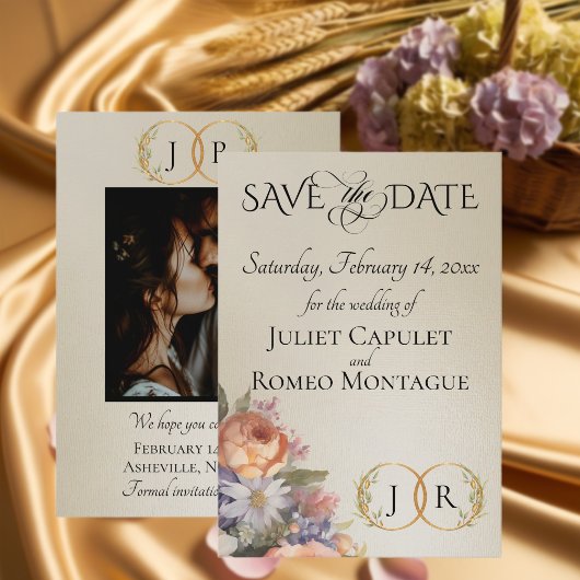 Wilde bloemen, foto- en bladmonogram - Tarwe Save The Date