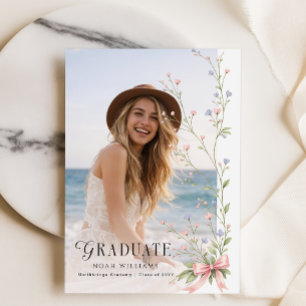 Wilde Bloemen Foto Roze Strik Afstudeeruitnodiging Briefkaart