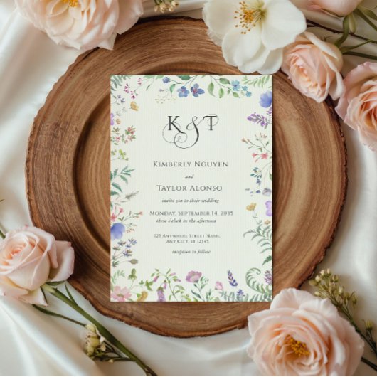 Wilde Bloemen Frame Gepersonaliseerd Trouw Monogra Kaart