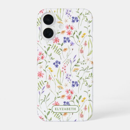 Wilde bloemen Gepersonaliseerde naam Wit iPhone 16 Hoesje (Achterkant)