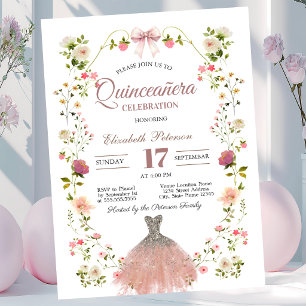 Wilde Bloemen Glitter Jurk Strik Quinceanera Kaart