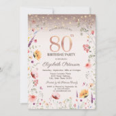 Wilde Bloemen Glitter Slingerlichten 80ste Verjaar Kaart (Voorkant)