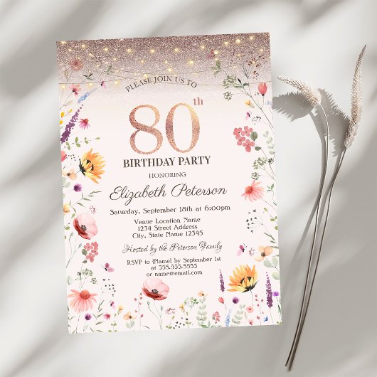 Wilde Bloemen Glitter Slingerlichten 80ste Verjaar Kaart