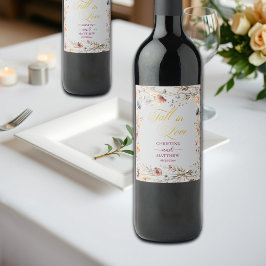 Wilde Bloemen Goud 'Val in Liefde' Elegante Trouw Wijn Etiket