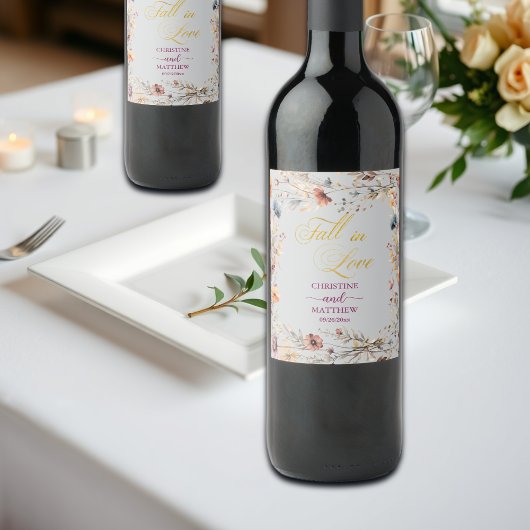 Wilde Bloemen Goud 'Val in Liefde' Elegante Trouw Wijn Etiket