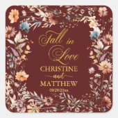 Wilde Bloemen Goud 'Val in liefde' Elegante Trouwd Vierkante Sticker (Voorkant)
