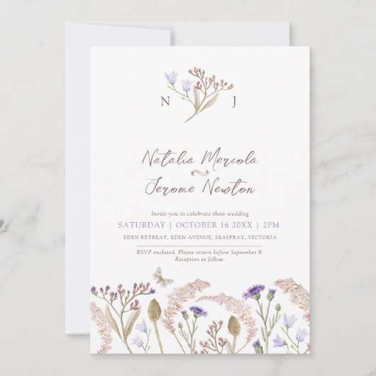 Wilde bloemen grassen aquarel herfst bruiloft kaart (Voorkant)