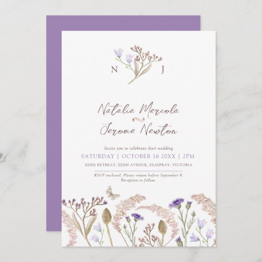 Wilde bloemen grassen aquarel herfst bruiloft kaart (Voorkant / Achterkant)