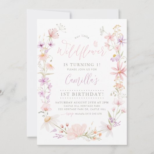 Wilde bloemen, griesmeisjes, 1e verjaardag kaart (Voorkant)