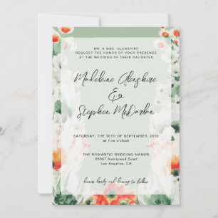 Wilde bloemen groen en oranje romantisch huwelijk kaart