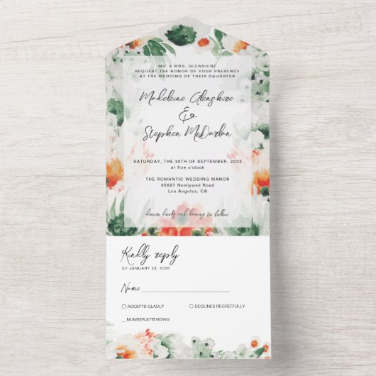 Wilde bloemen groene oranje waterverf botanische R All In One Uitnodiging (Binnen)