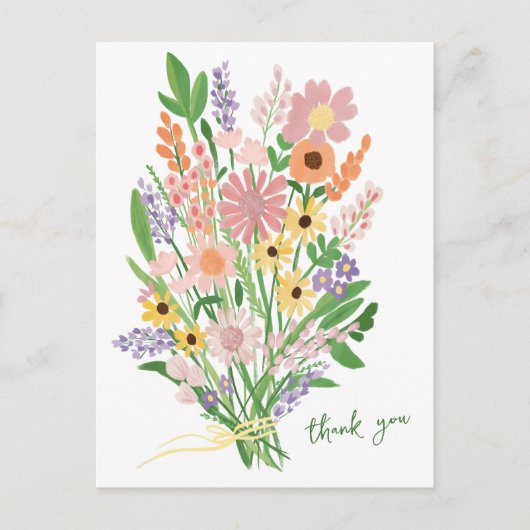 Wilde Bloemen Handgeschilderd Kleurig Gouache Dank Briefkaart (Voorkant)