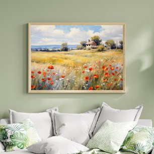 Wilde bloemen in landelijk veld rustieke boerderij poster