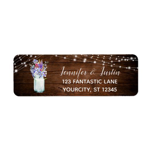 Wilde bloemen in Mason Jar Lights & Bruin Hout Etiket (Voorkant)