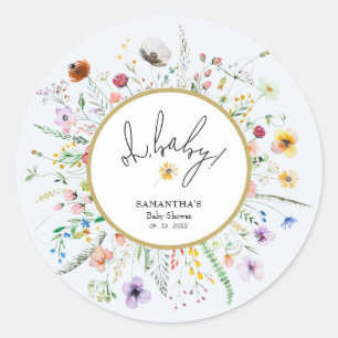 Wilde Bloemen Jongens Baby Shower Blauw Ronde Sticker