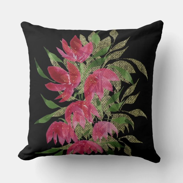 Wilde Bloemen Kant Textuur Boho Waterverf Kussen (Voorkant)