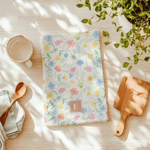 Wilde bloemen keukenhanddoek met initiaal