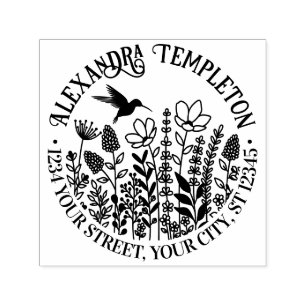 Wilde Bloemen & Kolibrie Naam Retouradres #1P Zelfinktende Stempel
