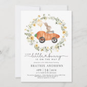 Wilde bloemen konijn rijdt in een wortel auto baby kaart (Voorkant)