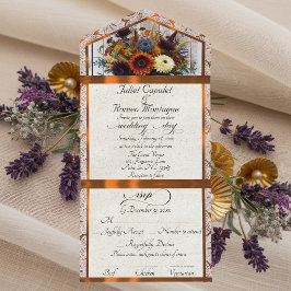 Wilde Bloemen, Koperen Lint & Kanten Bruiloft All In One Uitnodiging