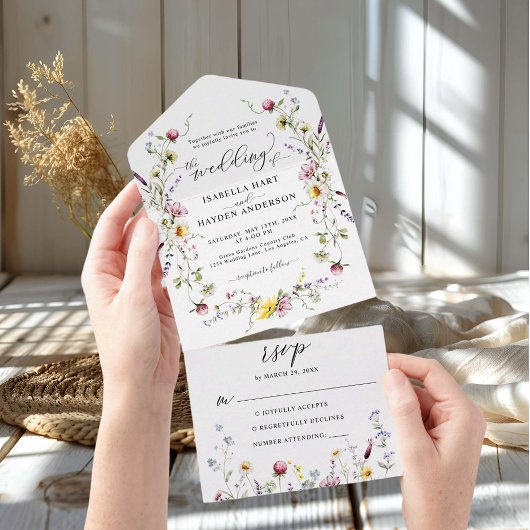 Wilde Bloemen Krans Boho Floral Botanische bruilof All In One Uitnodiging