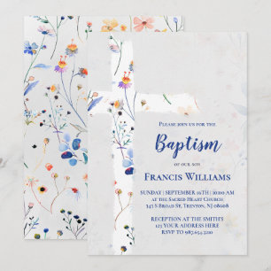 wilde bloemen kruis op grijze aquarel Doop Kaart
