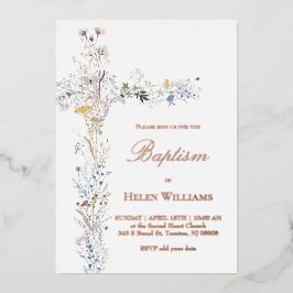 wilde bloemen kruisen doop folie uitnodiging