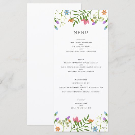 Wilde bloemen Land Botanische bruiloft Menu (Voorkant / Achterkant)