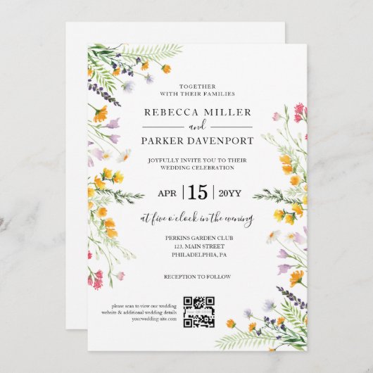 Wilde bloemen lente moderne QR-code voor bruiloft Kaart (Voorkant / Achterkant)