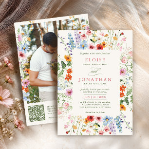 Wilde bloemen Lente Weide Tuin Foto QR Huwelijk Kaart