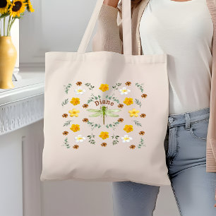 wilde bloemen libel in goud met naam tote bag
