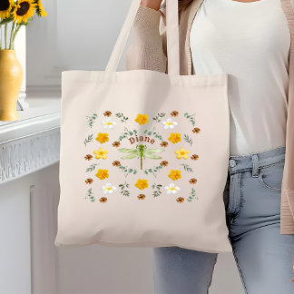 wilde bloemen libel in goud met naam tote bag