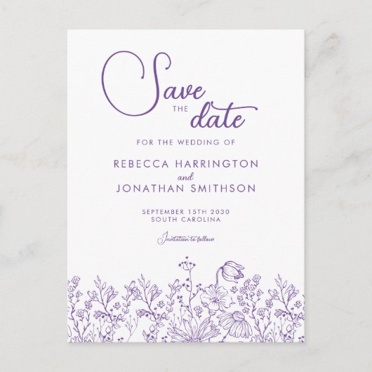 Wilde bloemen Lila bruiloft sparen de datum Uitnodiging Briefkaart (Voorkant)