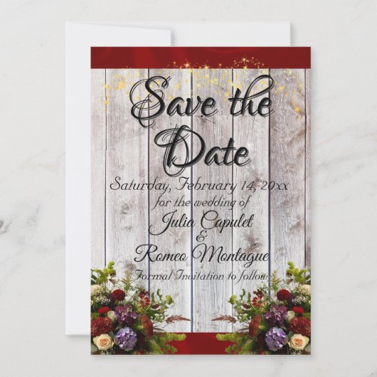 Wilde bloemen, lint en lichten - Rood Save The Date (Voorkant)