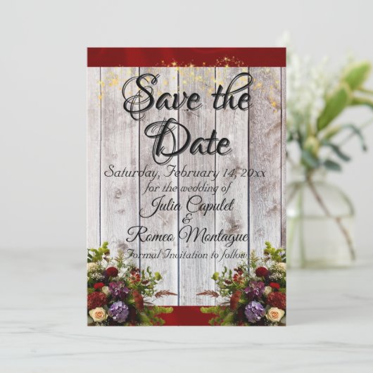 Wilde bloemen, lint en lichten - Rood Save The Date (Staand voorkant)